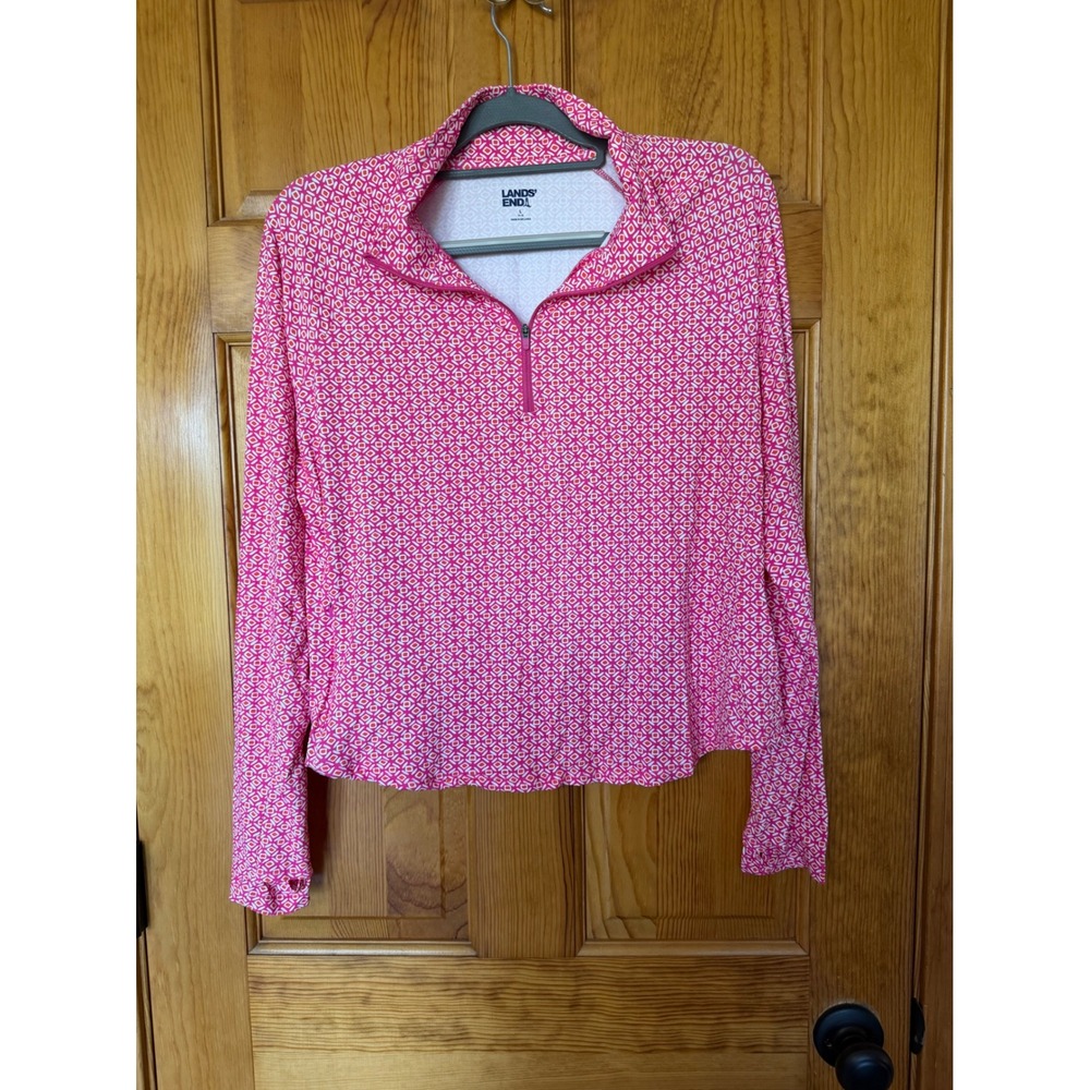 Lands End Women's Large Pink Geometric UPF 50+ Quarter Zip Pullover Thumbholes